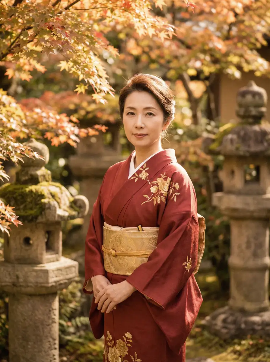 一位身穿暗红色和服的优雅 美乃雀 在日式庭院中