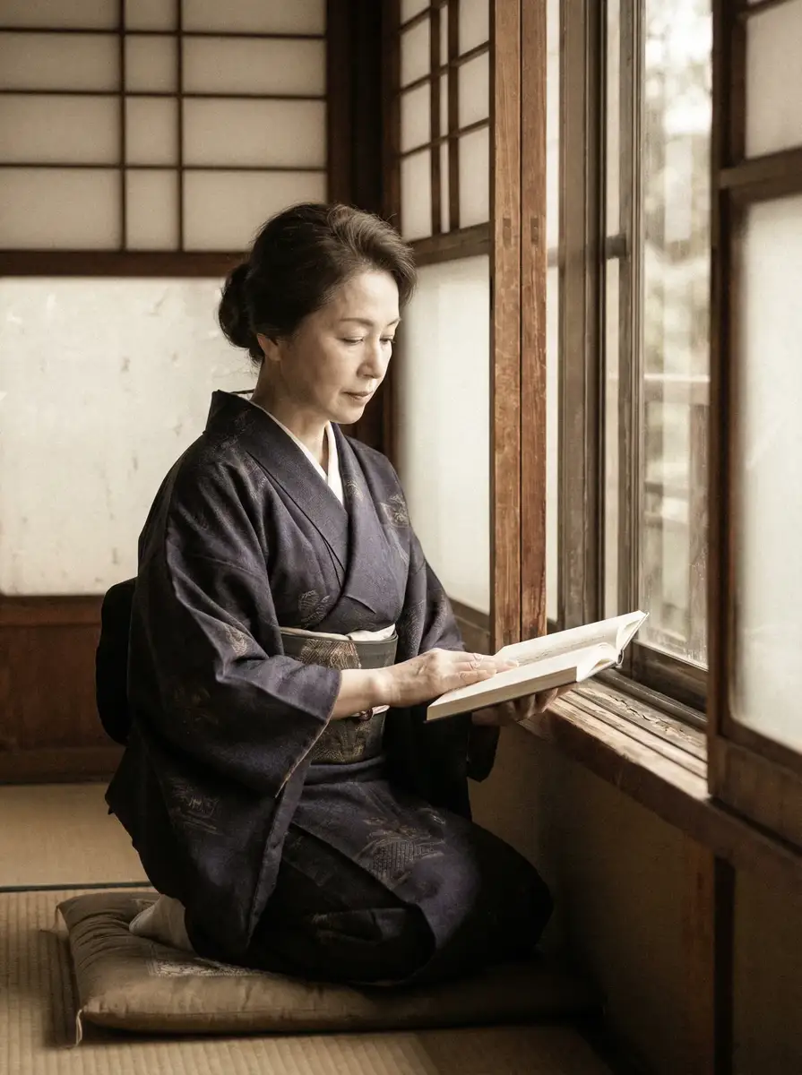 一位优雅的五十岁 美乃雀 身穿深蓝色和服，在窗边静读